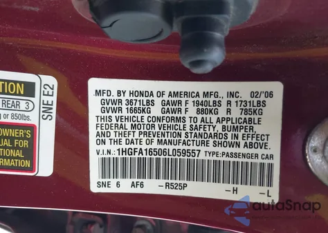 2006 Honda Civic Lx из США, поврежденный, VIN 1HGFA16506L059557